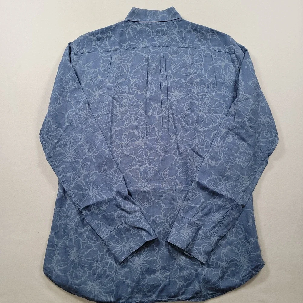 J Crew Slim Linen Shirt‎ Mens L Blue Hibiscus Tropical Floral Summer Coastal
